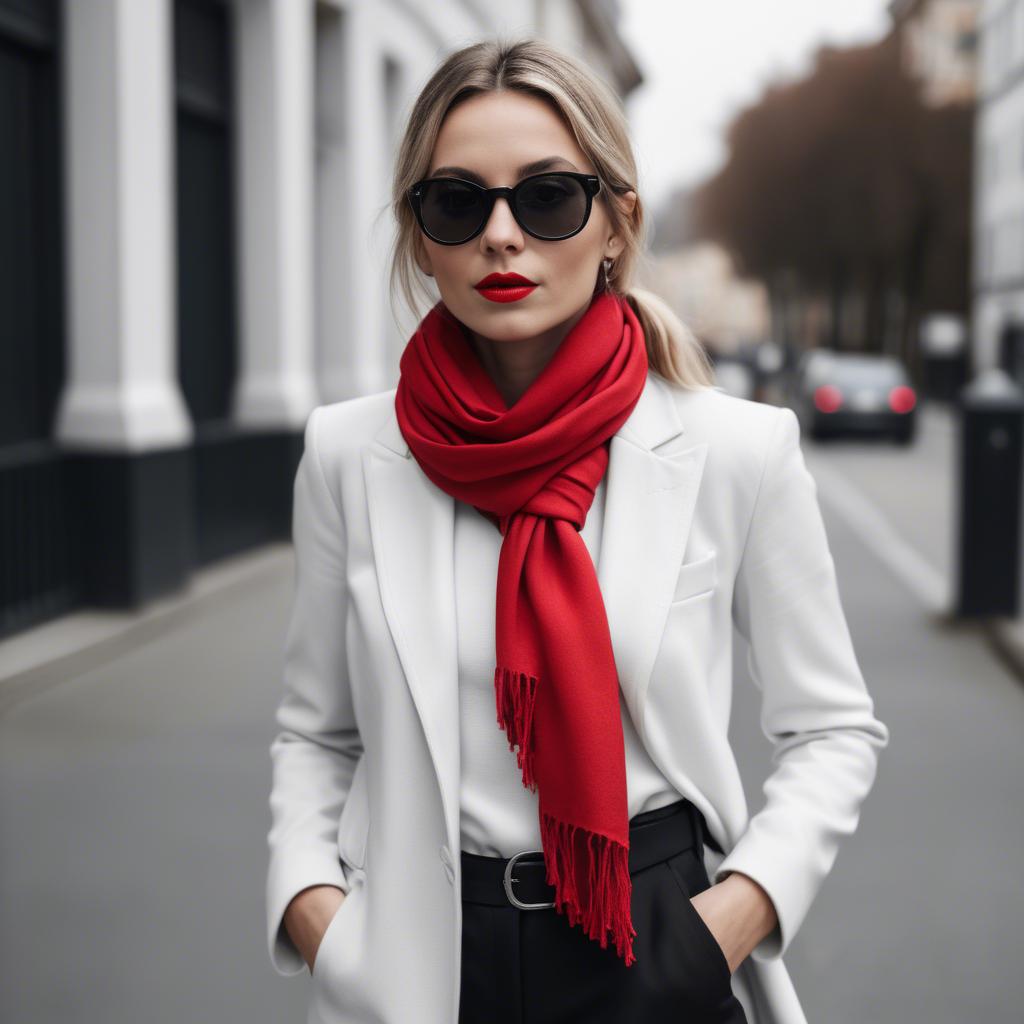 A stunning image of chic woman in a monochrome outfit with a red scarf.
