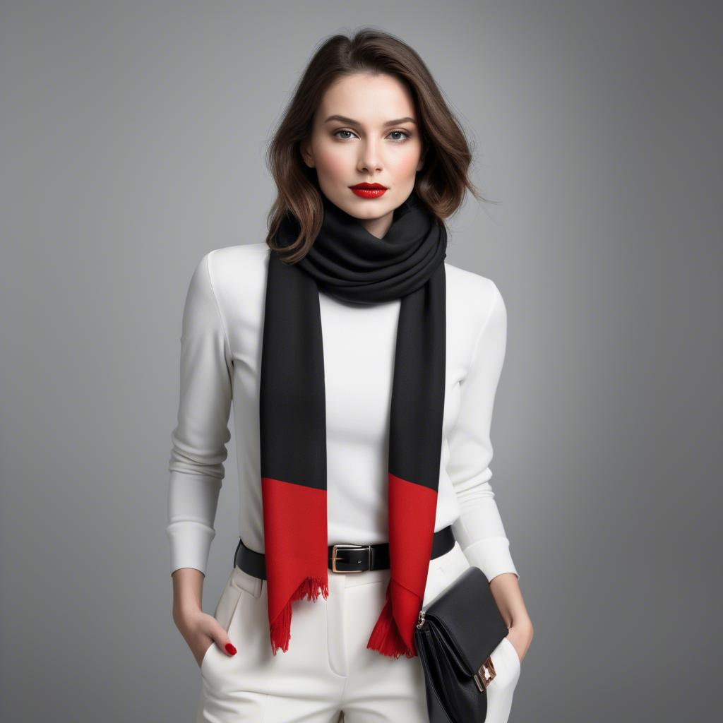 A stunning image of chic woman in a monochrome outfit with a red scarf.