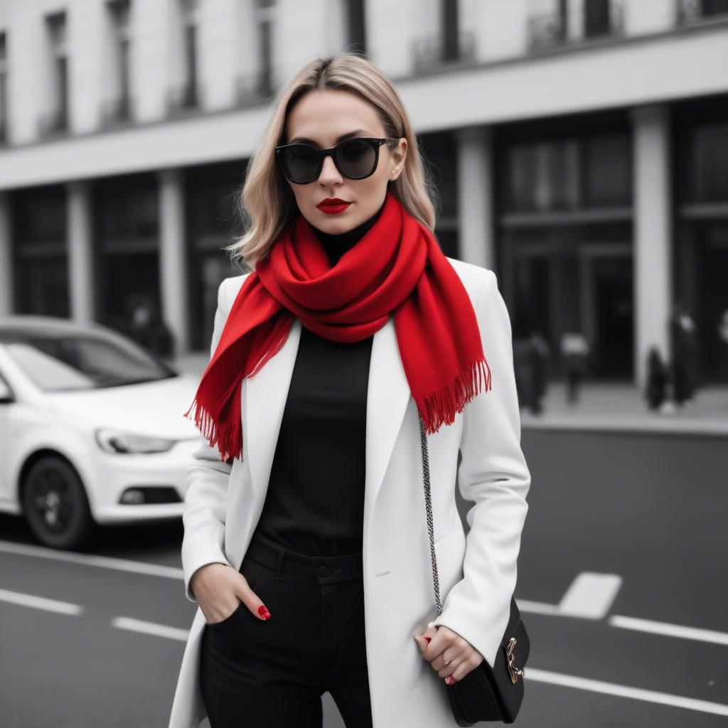 A stunning image of chic woman in a monochrome outfit with a red scarf.