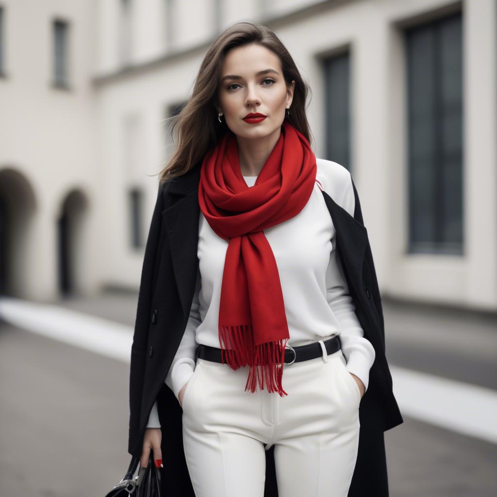A stunning image of chic woman in a monochrome outfit with a red scarf.