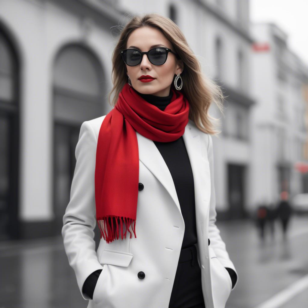 A stunning image of chic woman in a monochrome outfit with a red scarf.