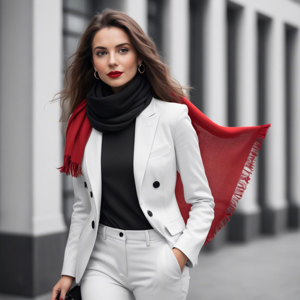 A stunning image of chic woman in a monochrome outfit with a red scarf.