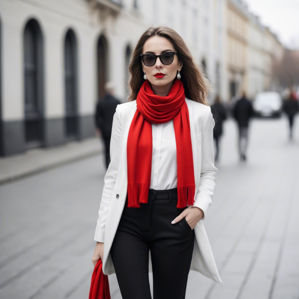 A stunning image of chic woman in a monochrome outfit with a red scarf.