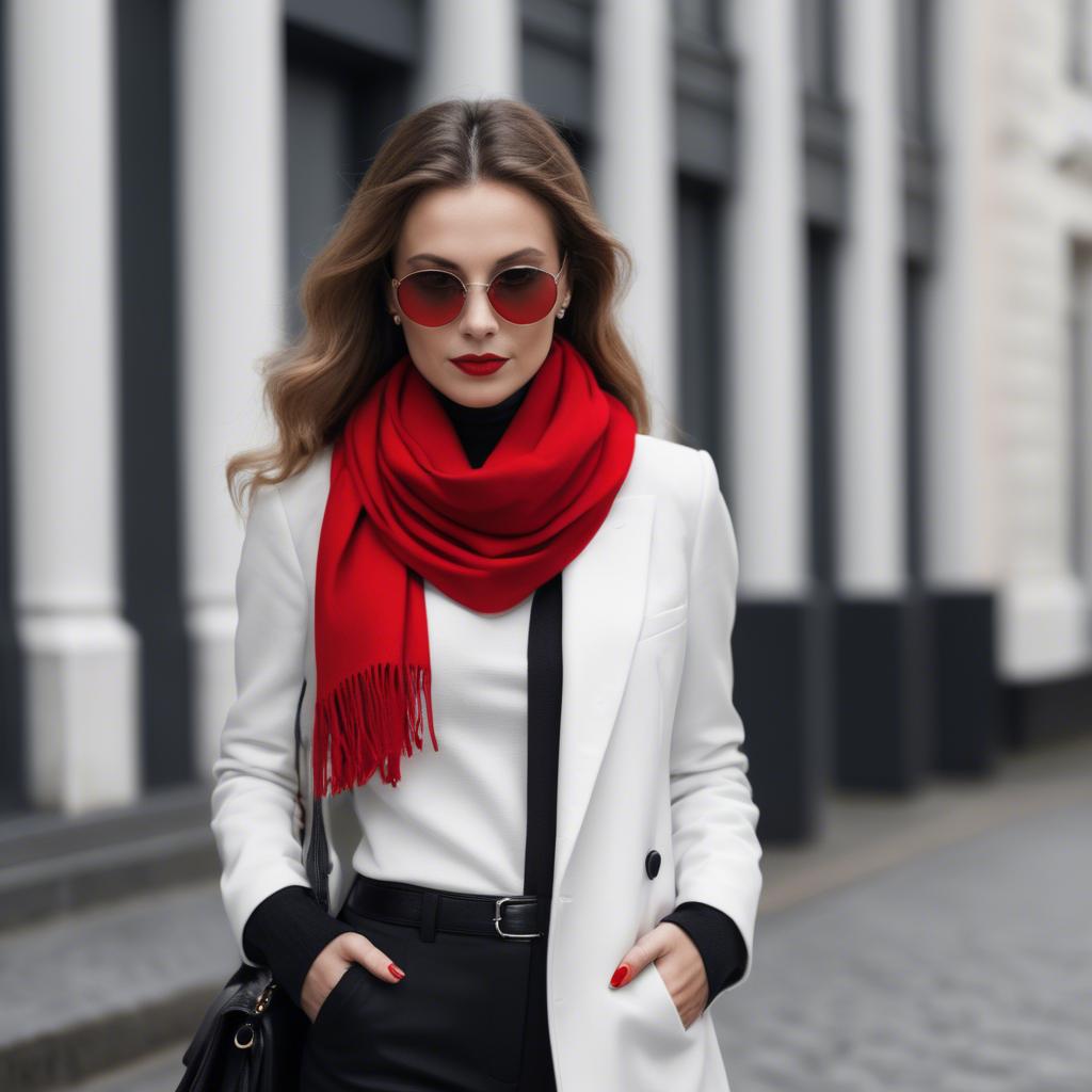 A stunning image of chic woman in a monochrome outfit with a red scarf.