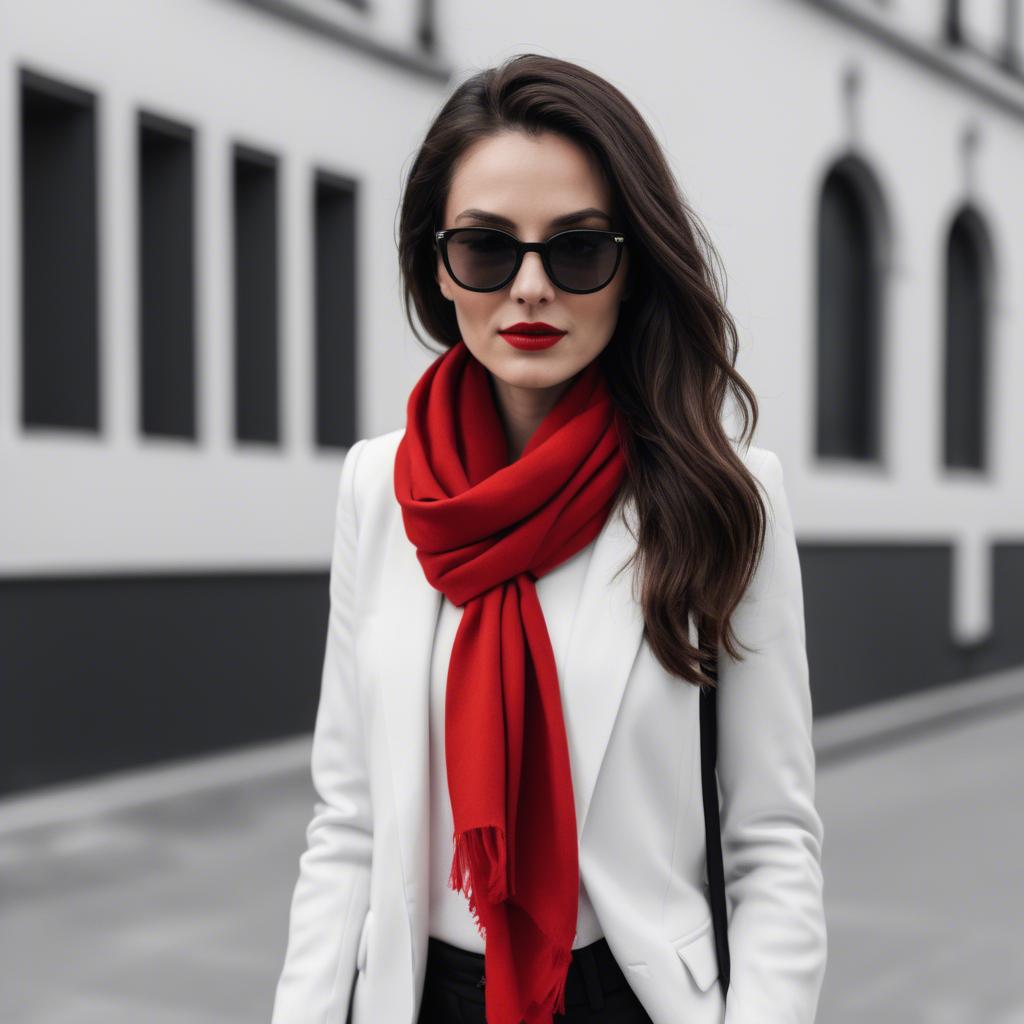 A stunning image of chic woman in a monochrome outfit with a red scarf.