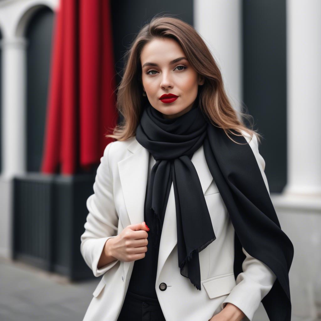 A stunning image of chic woman in a monochrome outfit with a red scarf.