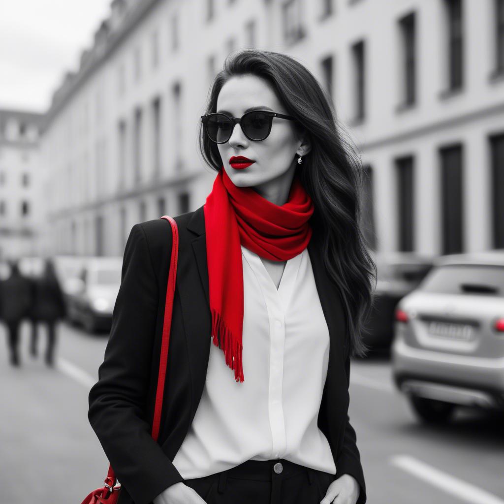 A stunning image of chic woman in a monochrome outfit with a red scarf.