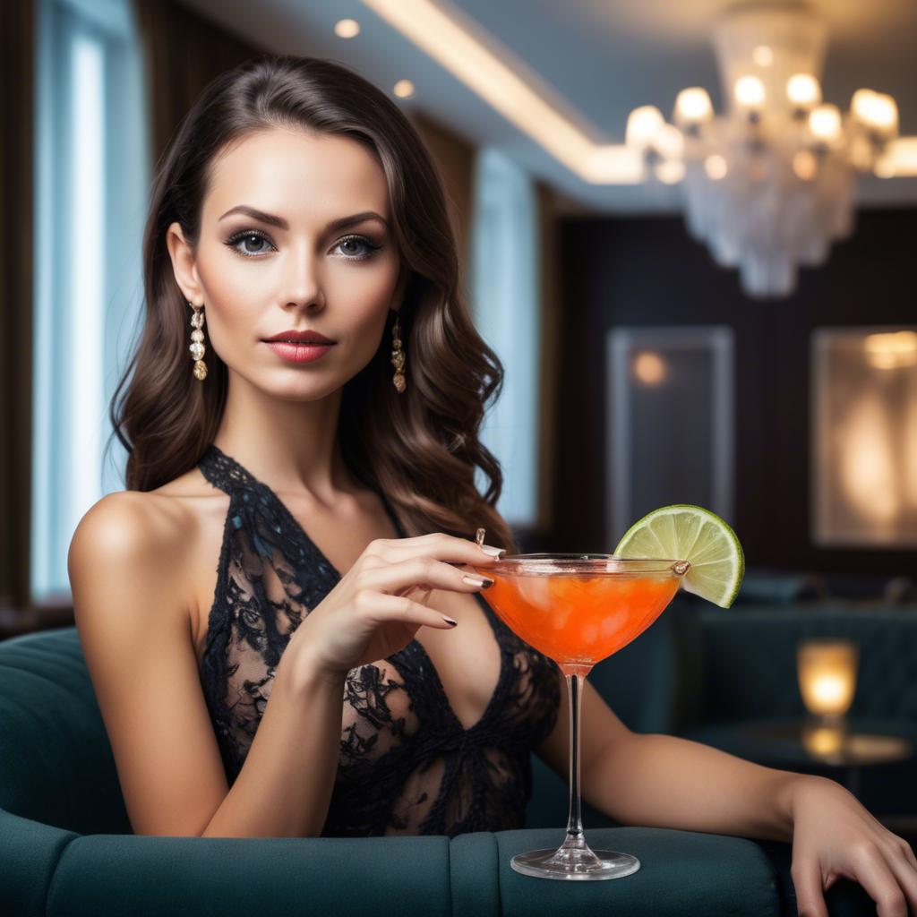 A stunning image of chic woman with a cocktail in a luxury lounge.
