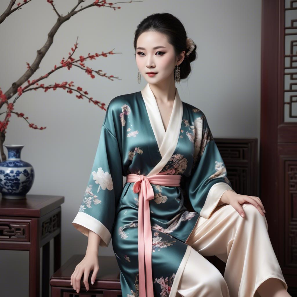 A stunning image of chinese elegance in a silk robe.