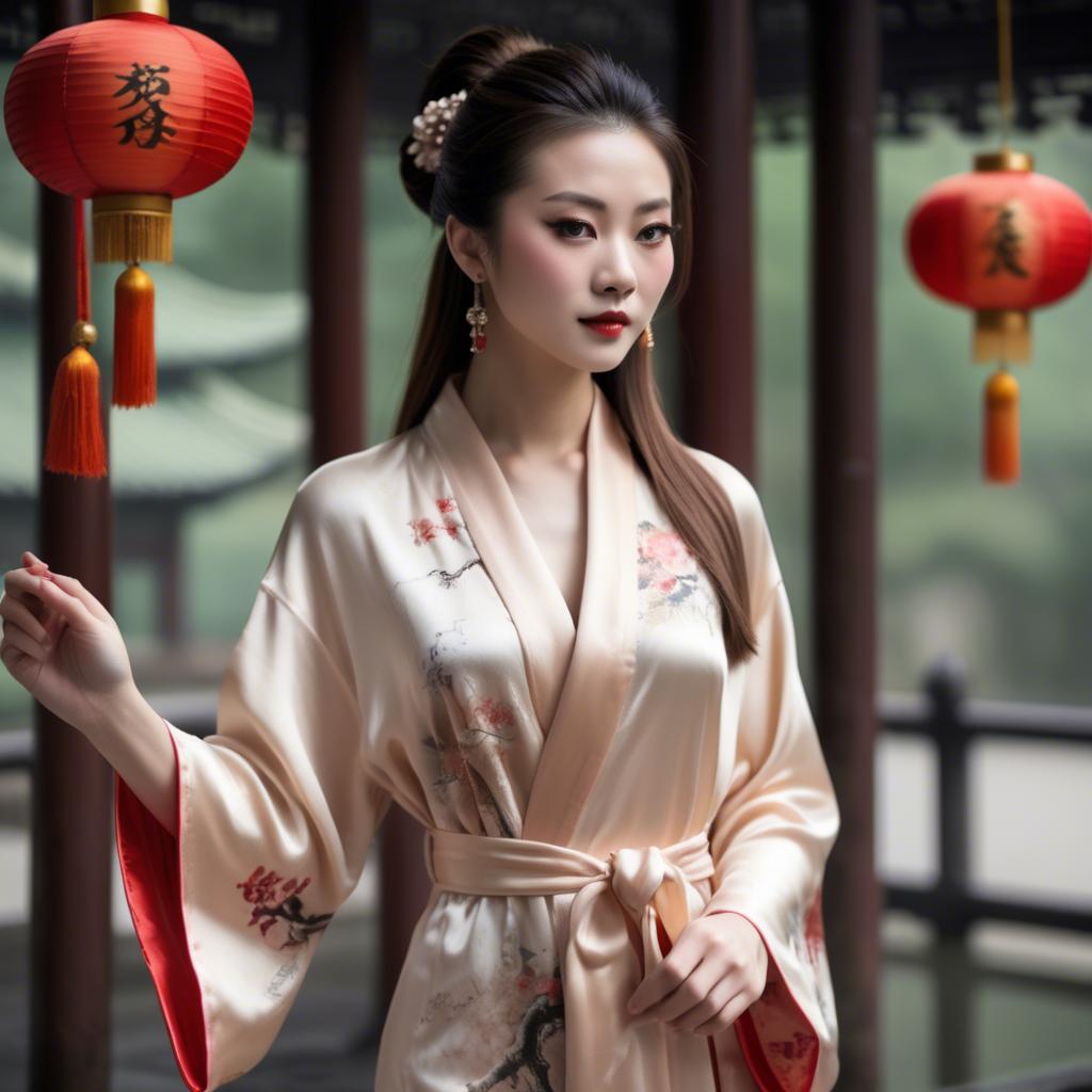 A stunning image of chinese elegance in a silk robe.