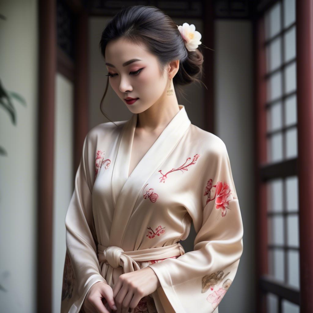 A stunning image of chinese elegance in a silk robe.