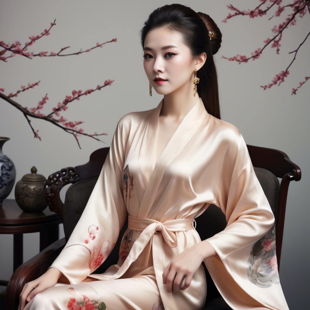 A stunning image of chinese elegance in a silk robe.