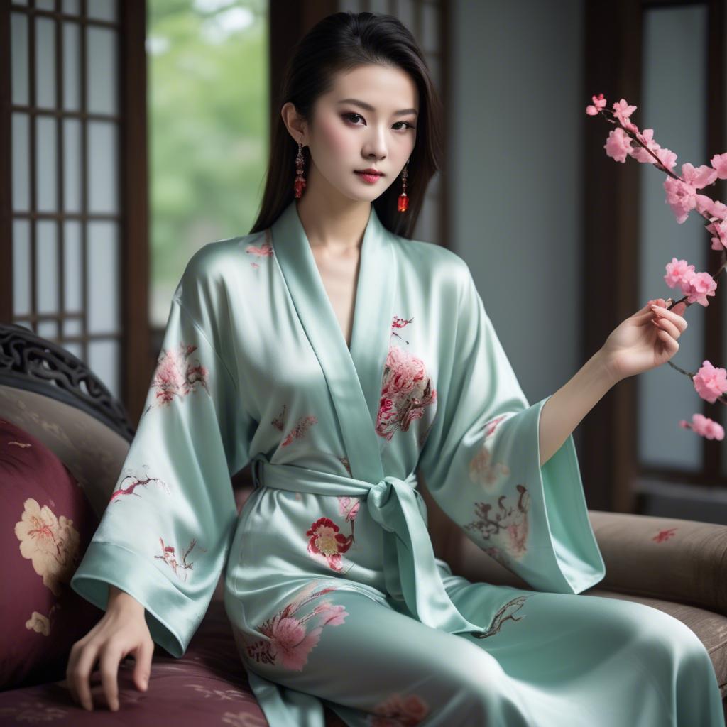 A stunning image of chinese elegance in a silk robe.