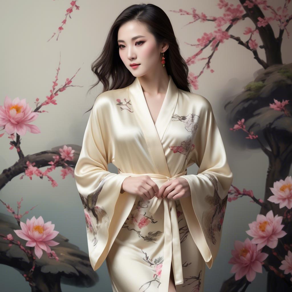 A stunning image of chinese elegance in a silk robe.