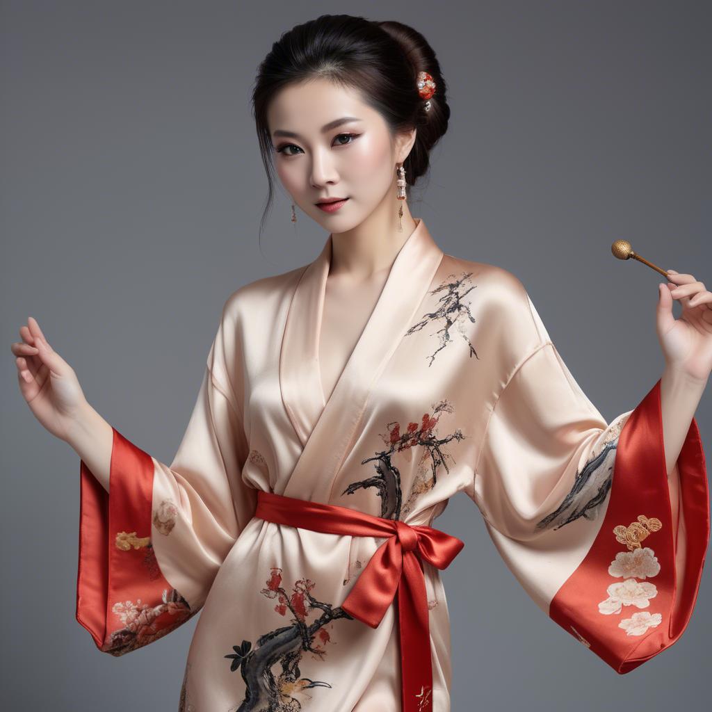 A stunning image of chinese elegance in a silk robe.