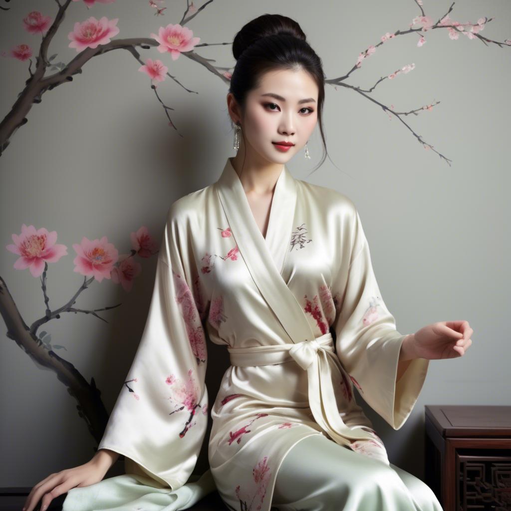 A stunning image of chinese elegance in a silk robe.