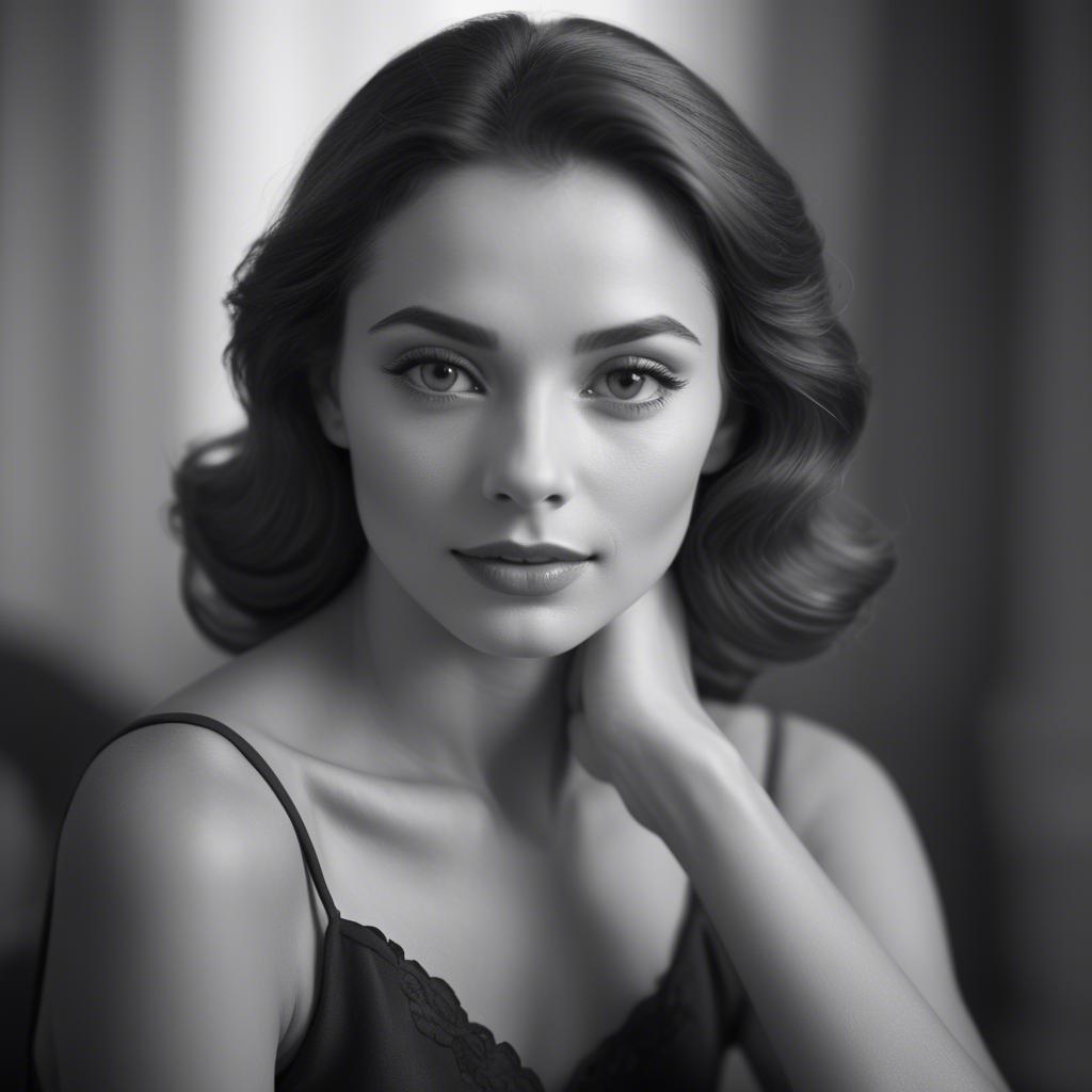 A stunning image of classic beauty in a soft-focus black-and-white portrait.
