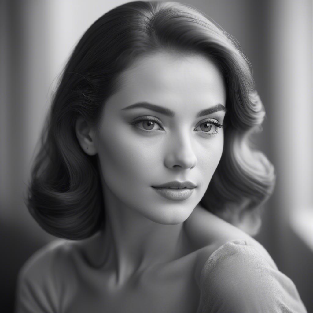 A stunning image of classic beauty in a soft-focus black-and-white portrait.