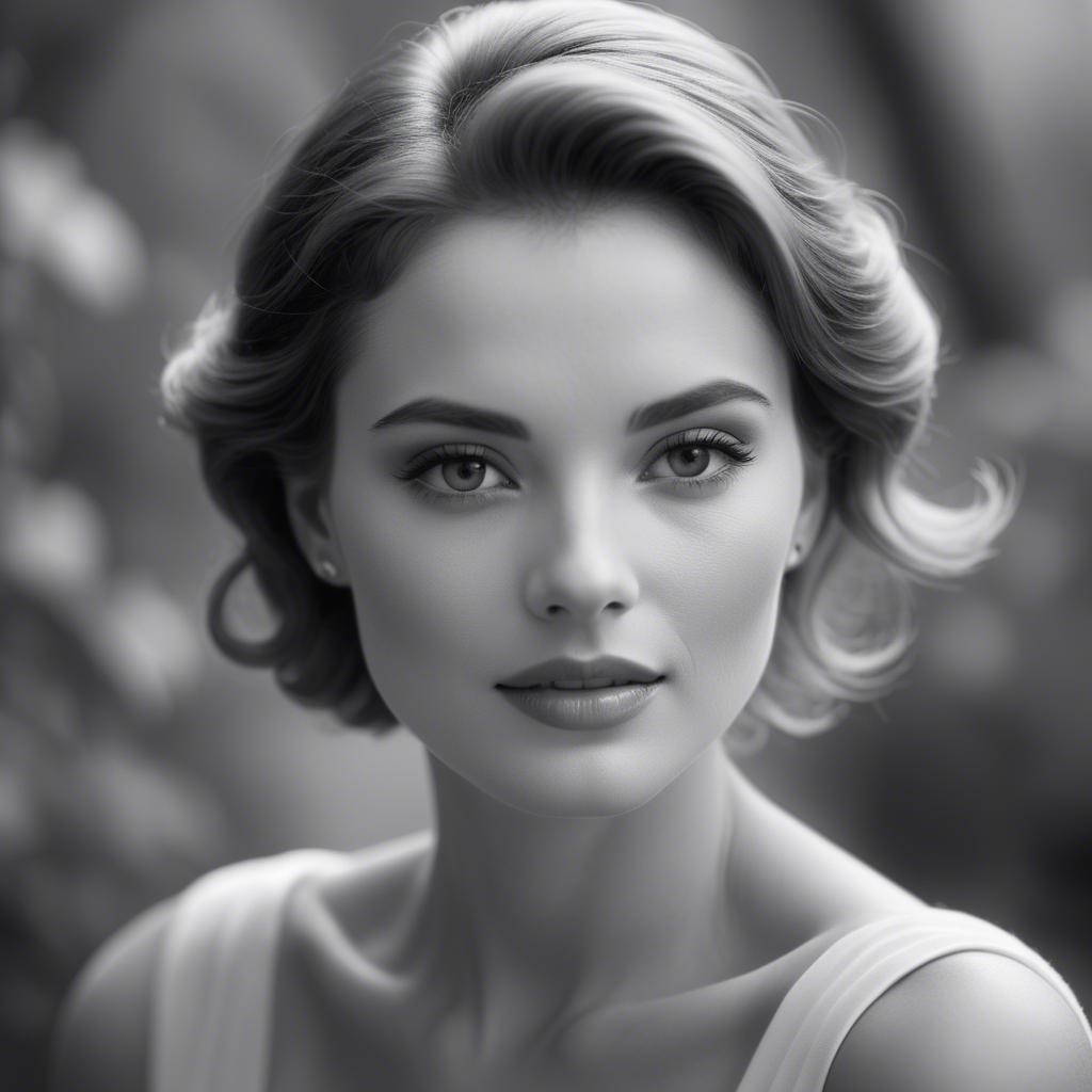 A stunning image of classic beauty in a soft-focus black-and-white portrait.