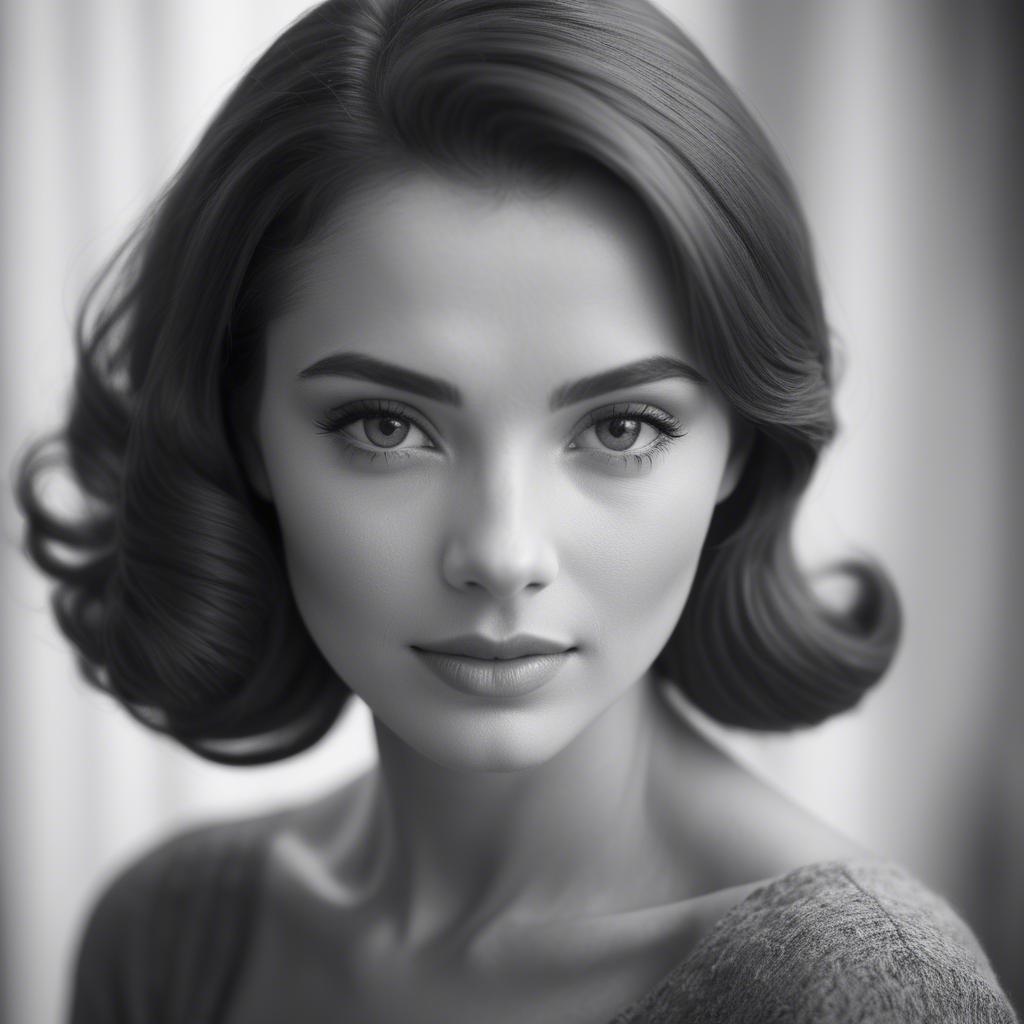 A stunning image of classic beauty in a soft-focus black-and-white portrait.