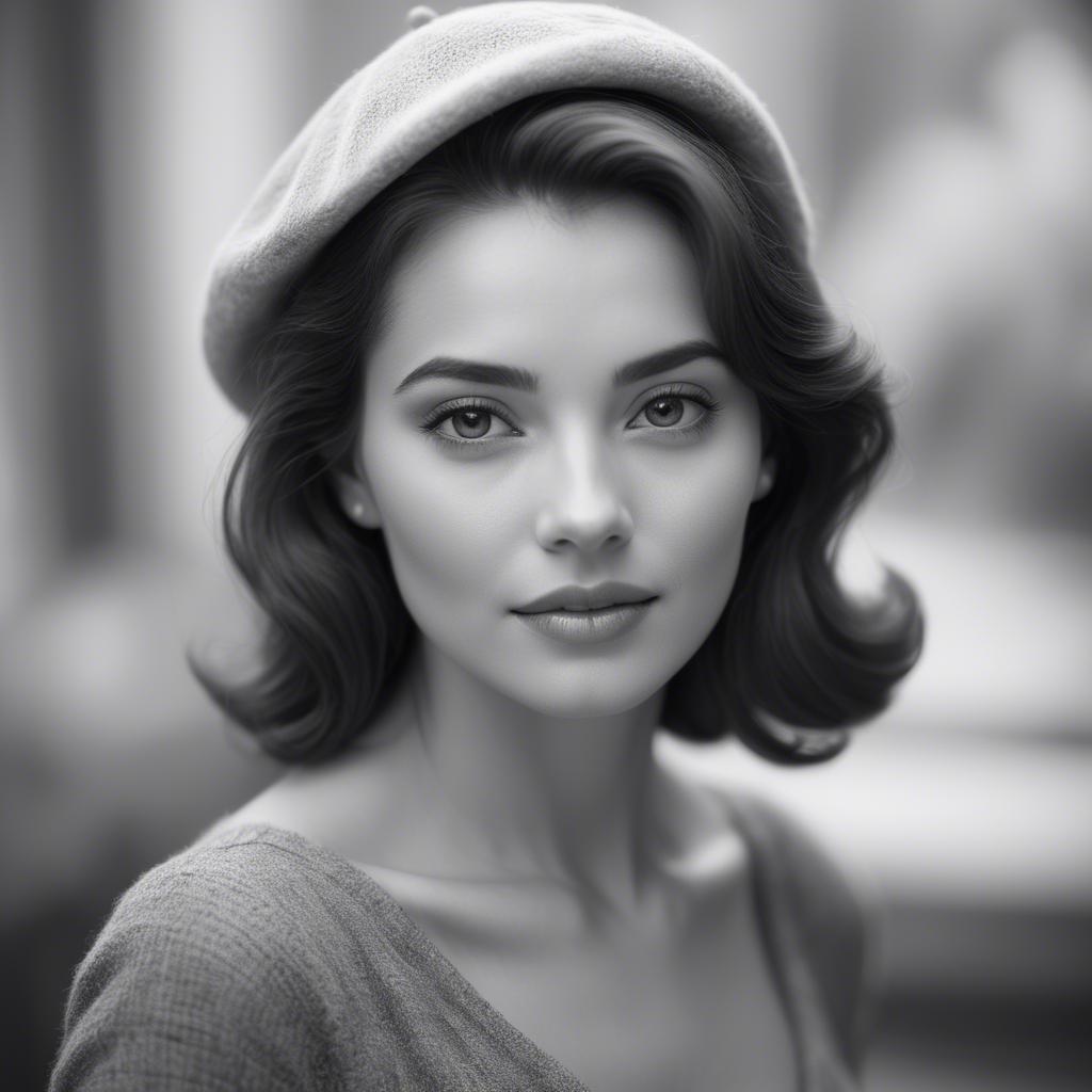 A stunning image of classic beauty in a soft-focus black-and-white portrait.