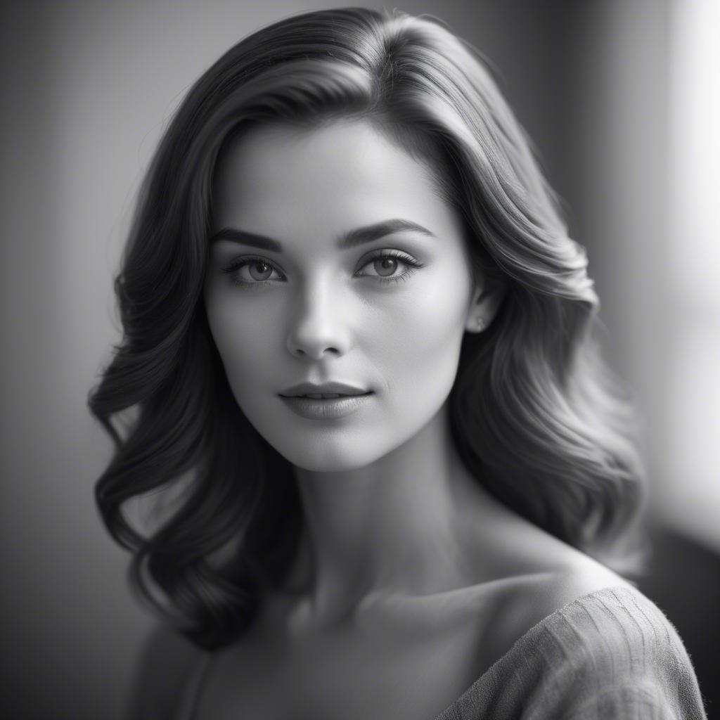 A stunning image of classic beauty in a soft-focus black-and-white portrait.