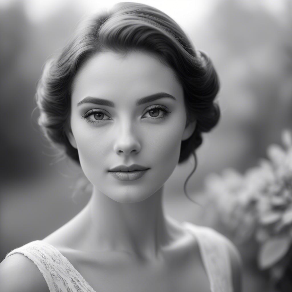 A stunning image of classic beauty in a soft-focus black-and-white portrait.