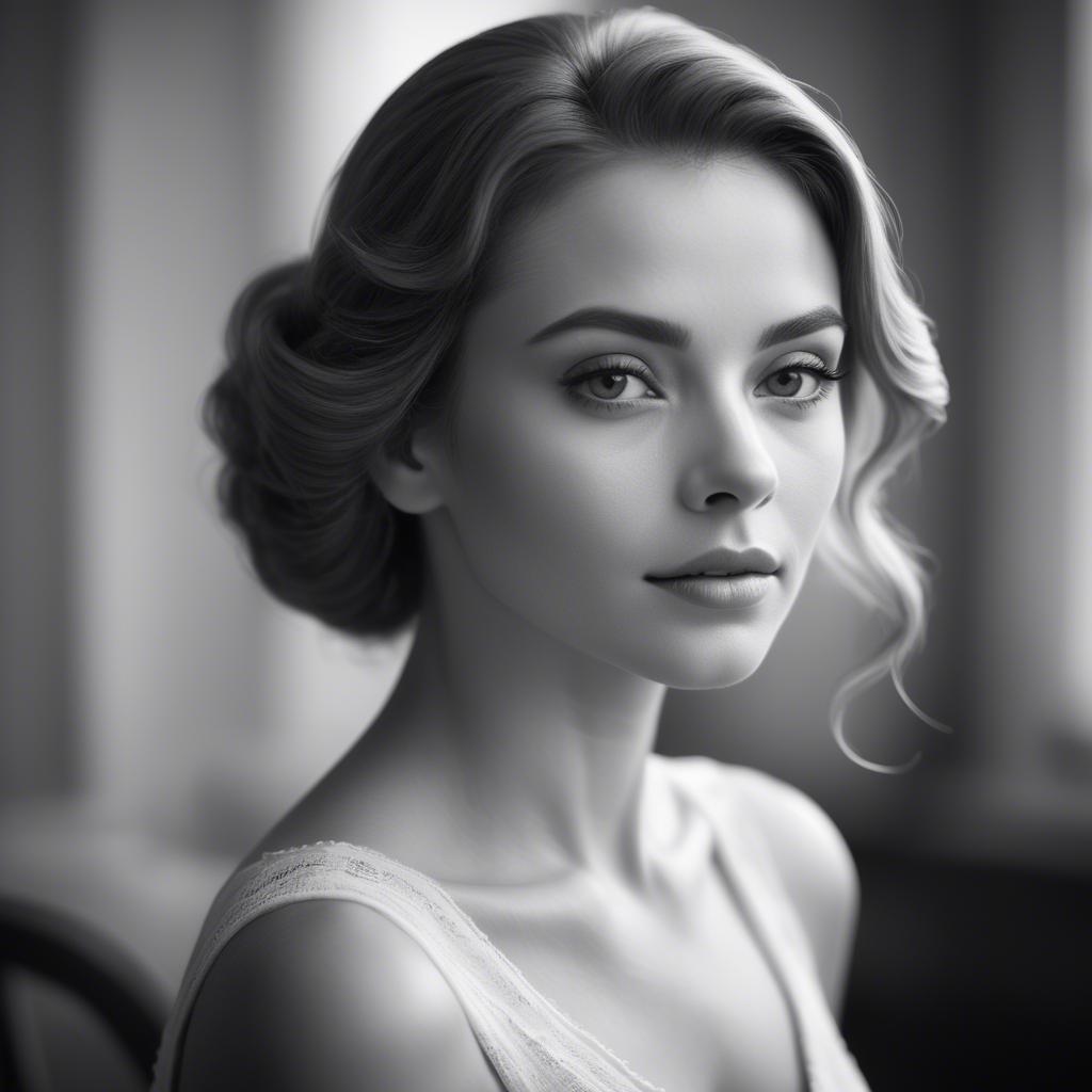 A stunning image of classic beauty in a soft-focus black-and-white portrait.