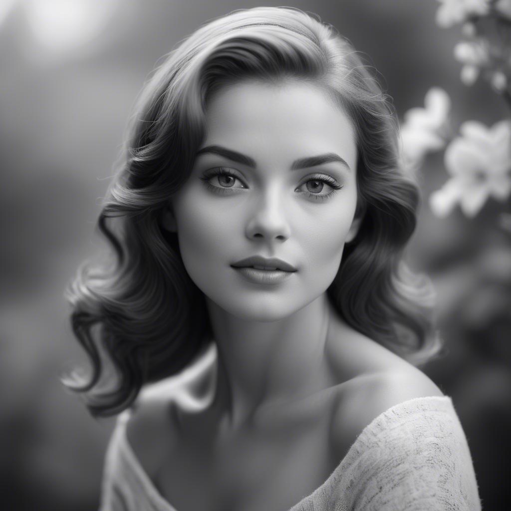 A stunning image of classic beauty in a soft-focus black-and-white portrait.