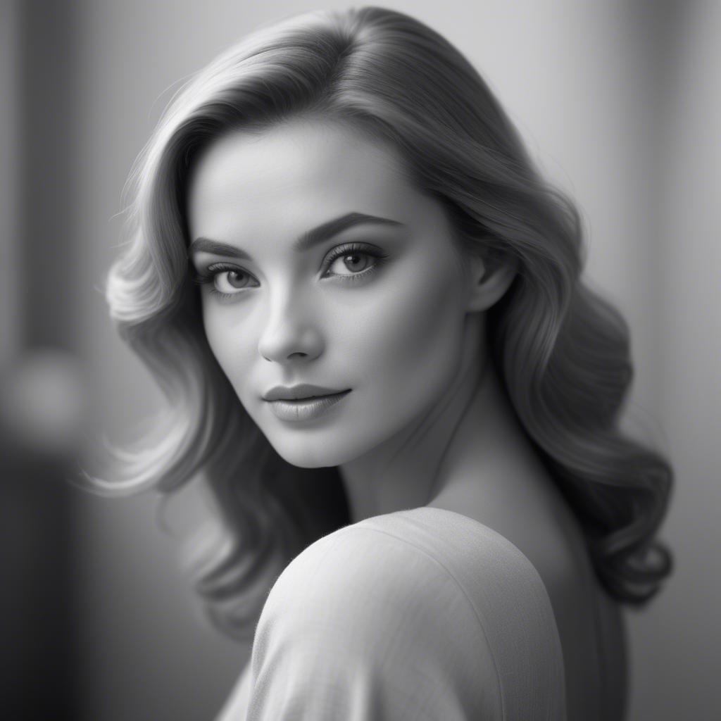 A stunning image of classic beauty in a soft-focus black-and-white portrait.