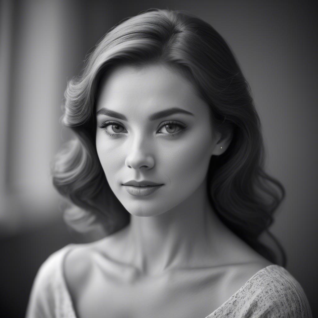 A stunning image of classic beauty in a soft-focus black-and-white portrait.