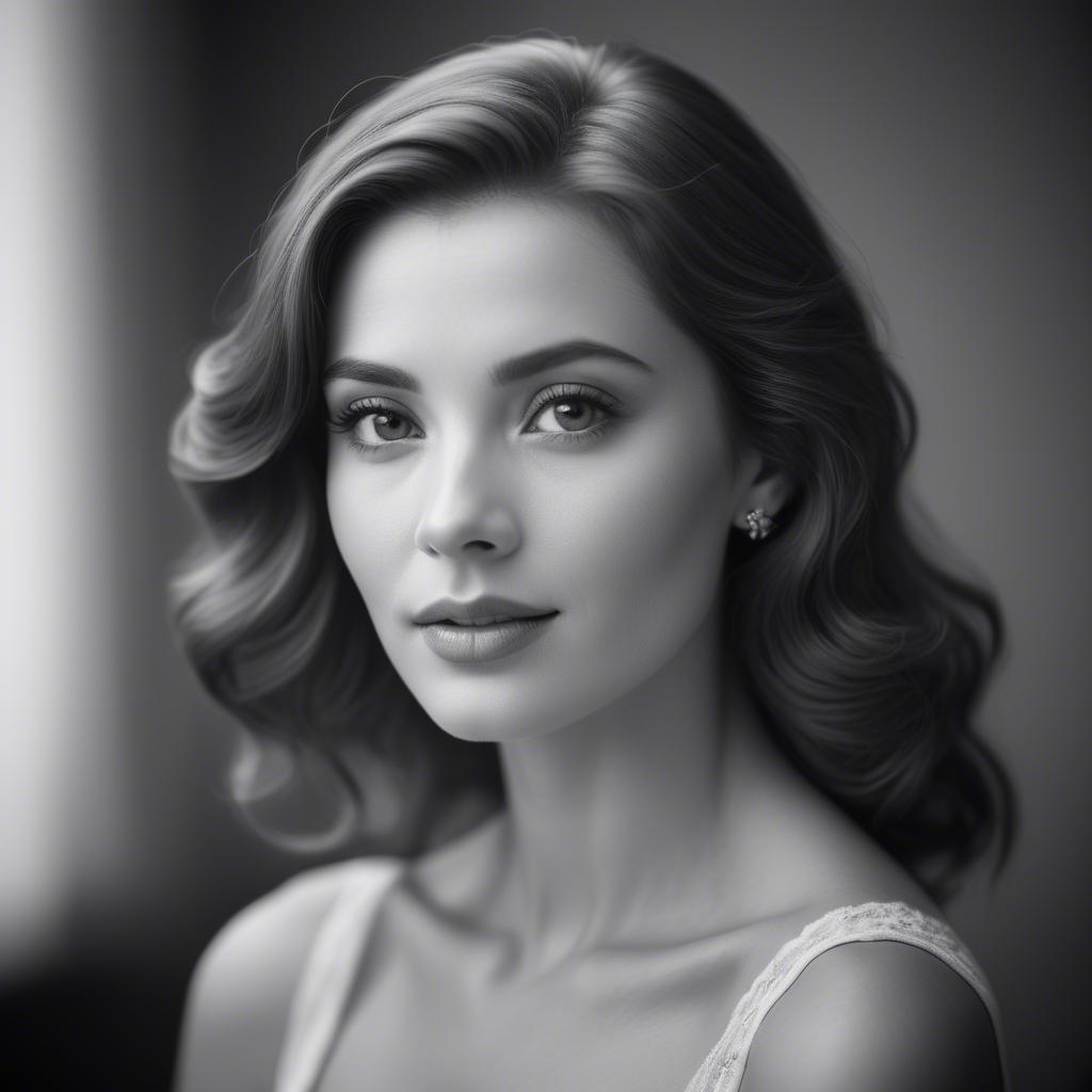 A stunning image of classic beauty in a soft-focus black-and-white portrait.