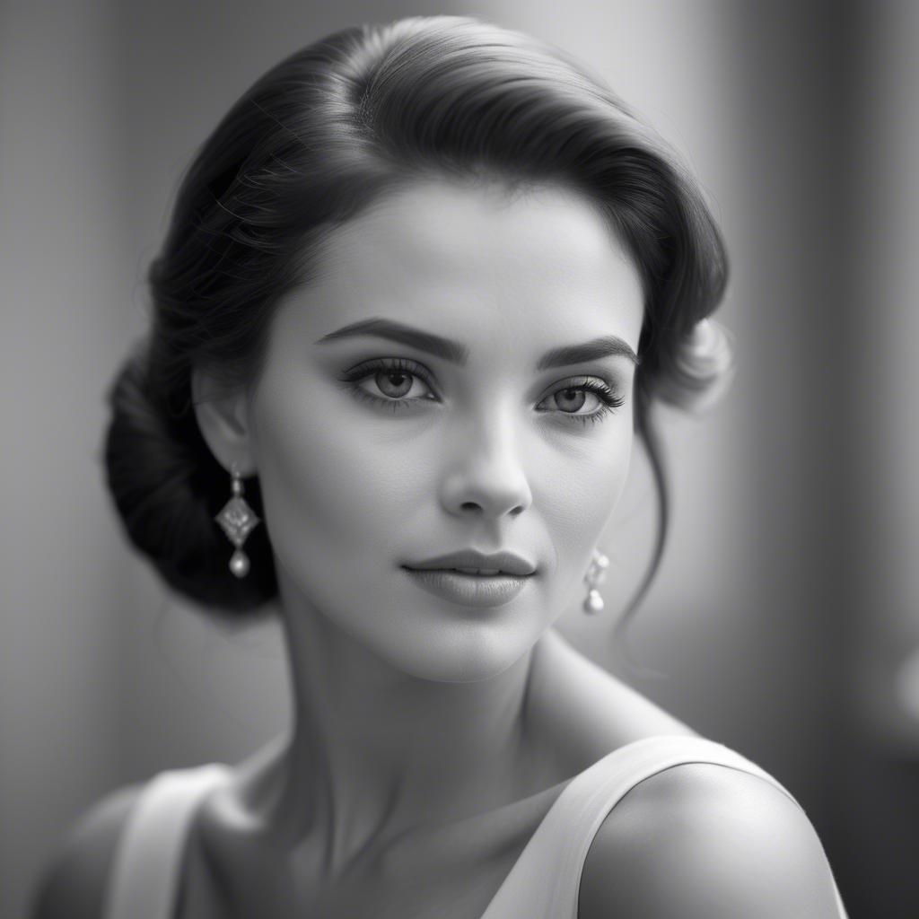A stunning image of classic beauty in a soft-focus black-and-white portrait.