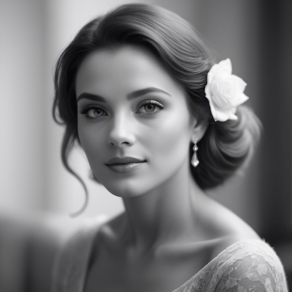 A stunning image of classic beauty in a soft-focus black-and-white portrait.