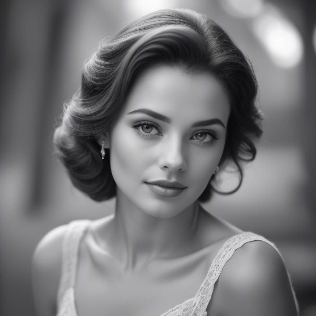 A stunning image of classic beauty in a soft-focus black-and-white portrait.