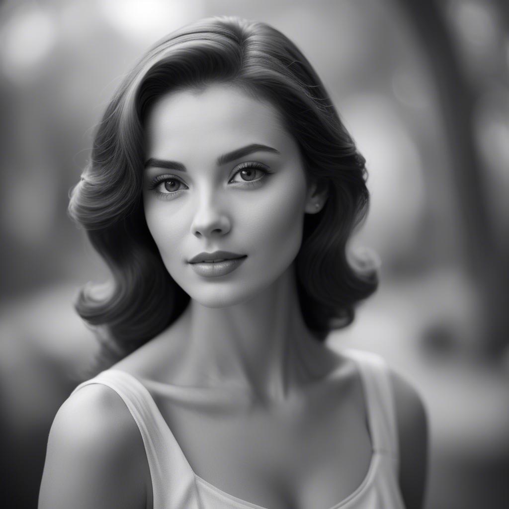 A stunning image of classic beauty in a soft-focus black-and-white portrait.