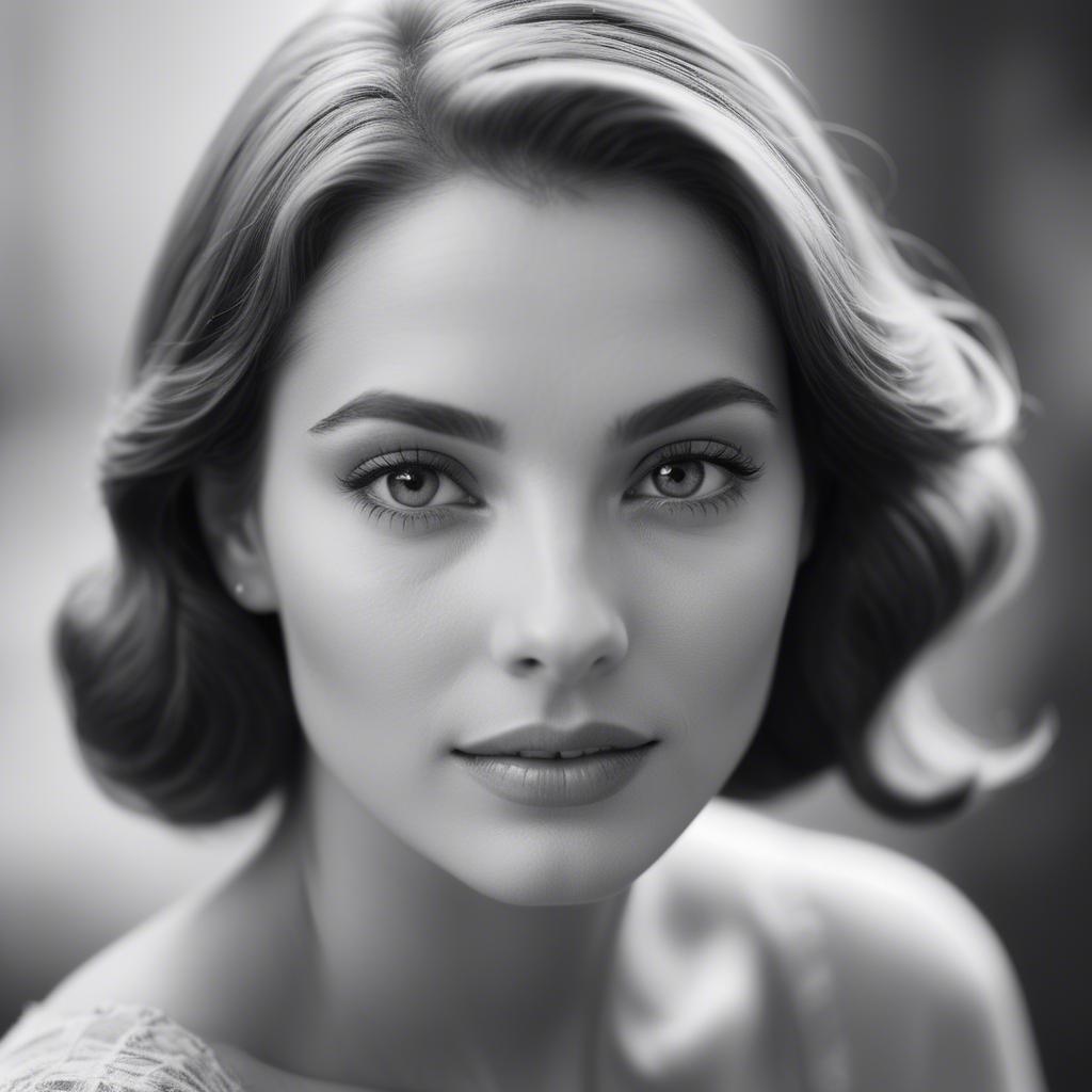 A stunning image of classic beauty in a soft-focus black-and-white portrait.