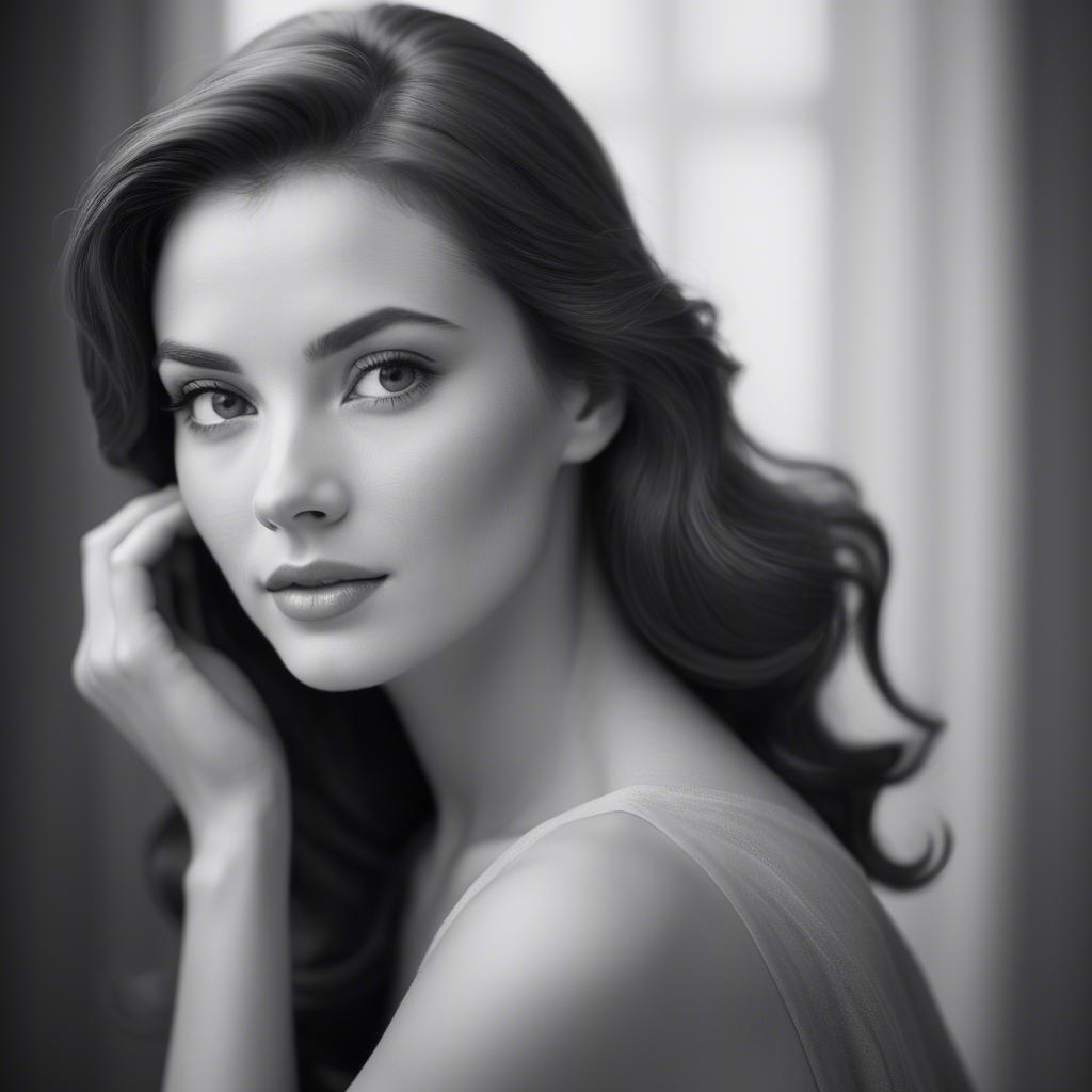 A stunning image of classic beauty in a soft-focus black-and-white portrait.