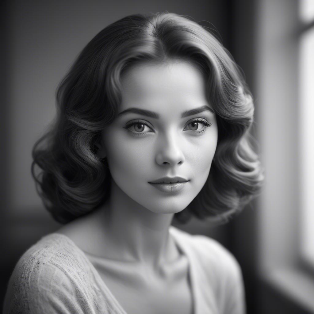 A stunning image of classic beauty in a soft-focus black-and-white portrait.