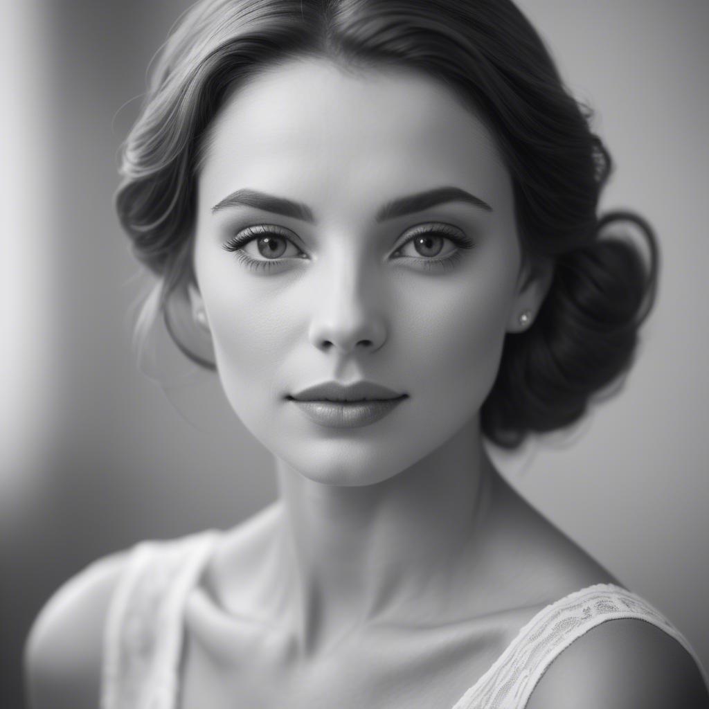 A stunning image of classic beauty in a soft-focus black-and-white portrait.