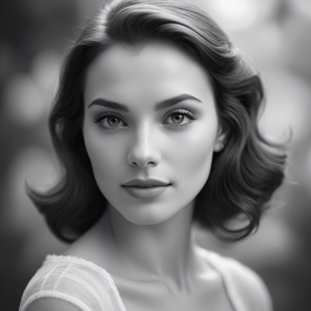 A stunning image of classic beauty in a soft-focus black-and-white portrait.