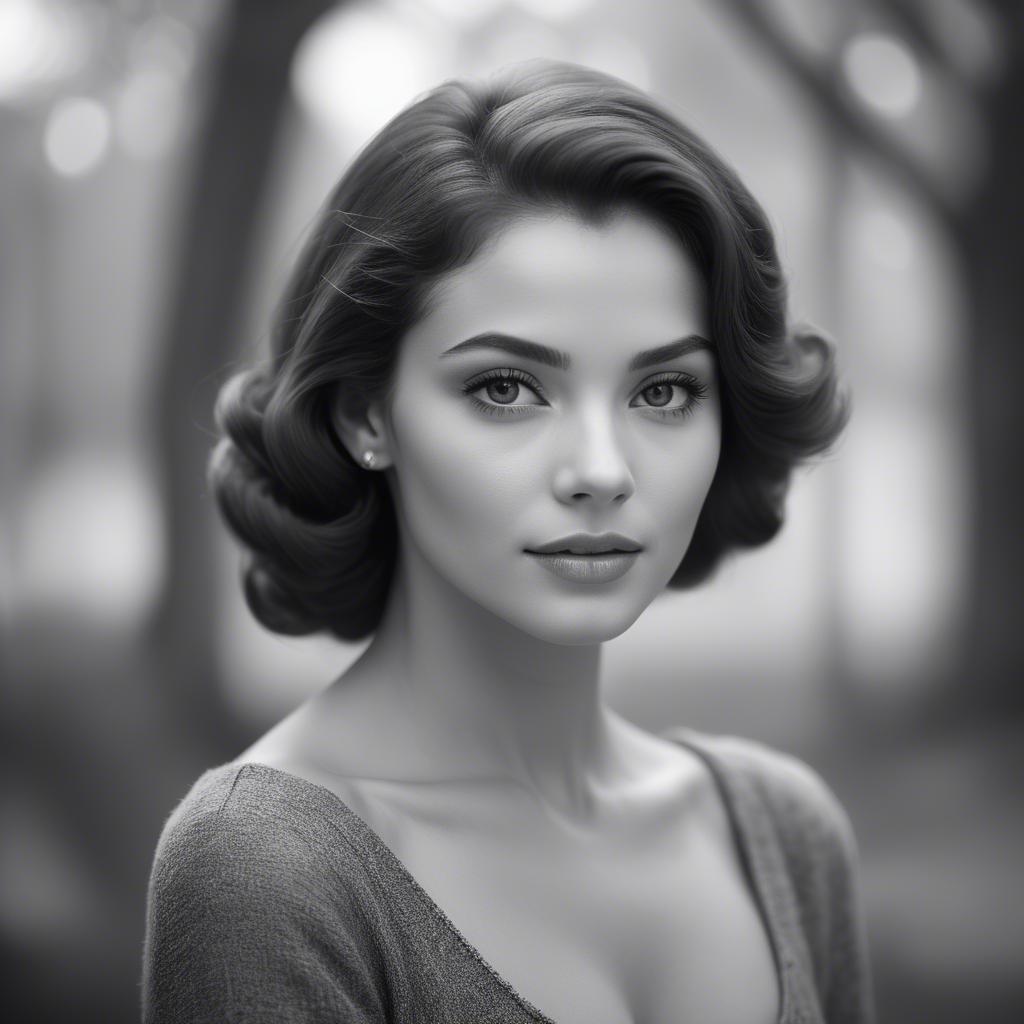 A stunning image of classic beauty in a soft-focus black-and-white portrait.