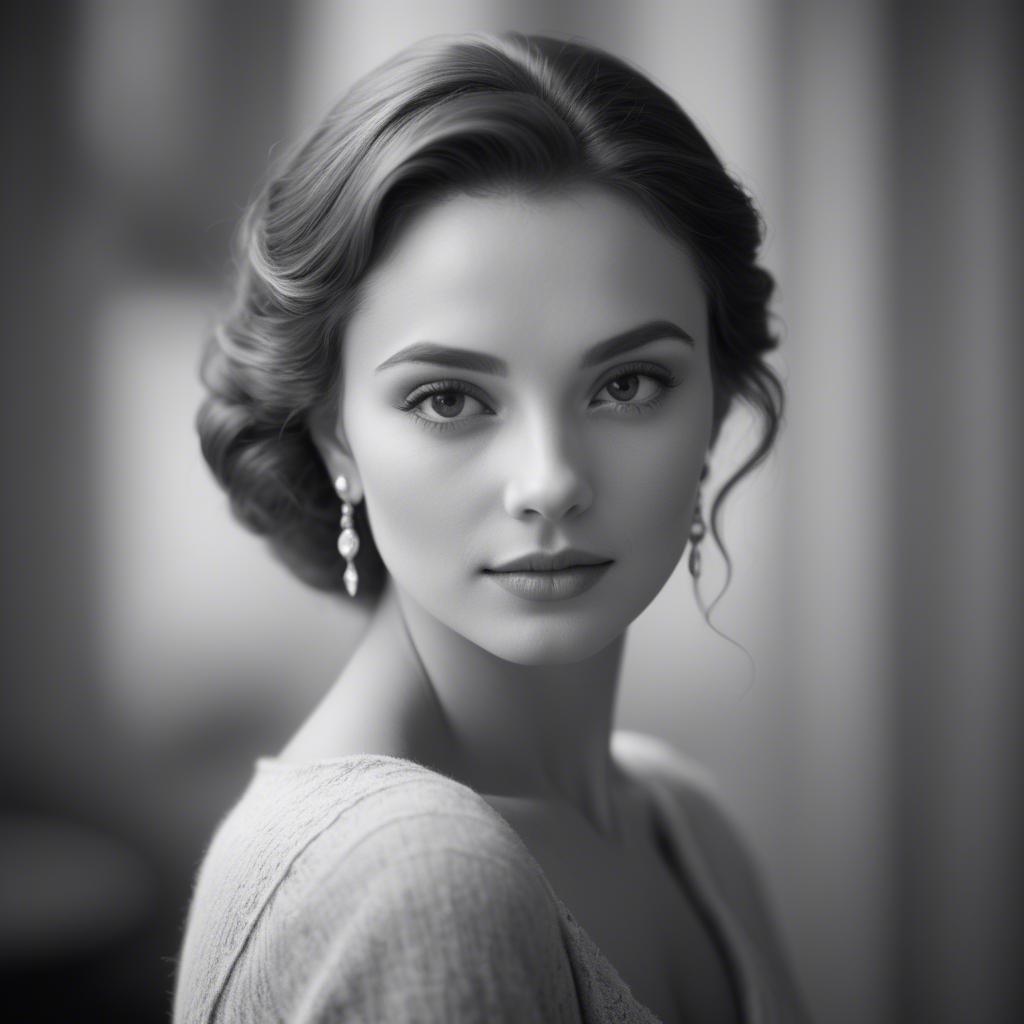 A stunning image of classic beauty in a soft-focus black-and-white portrait.