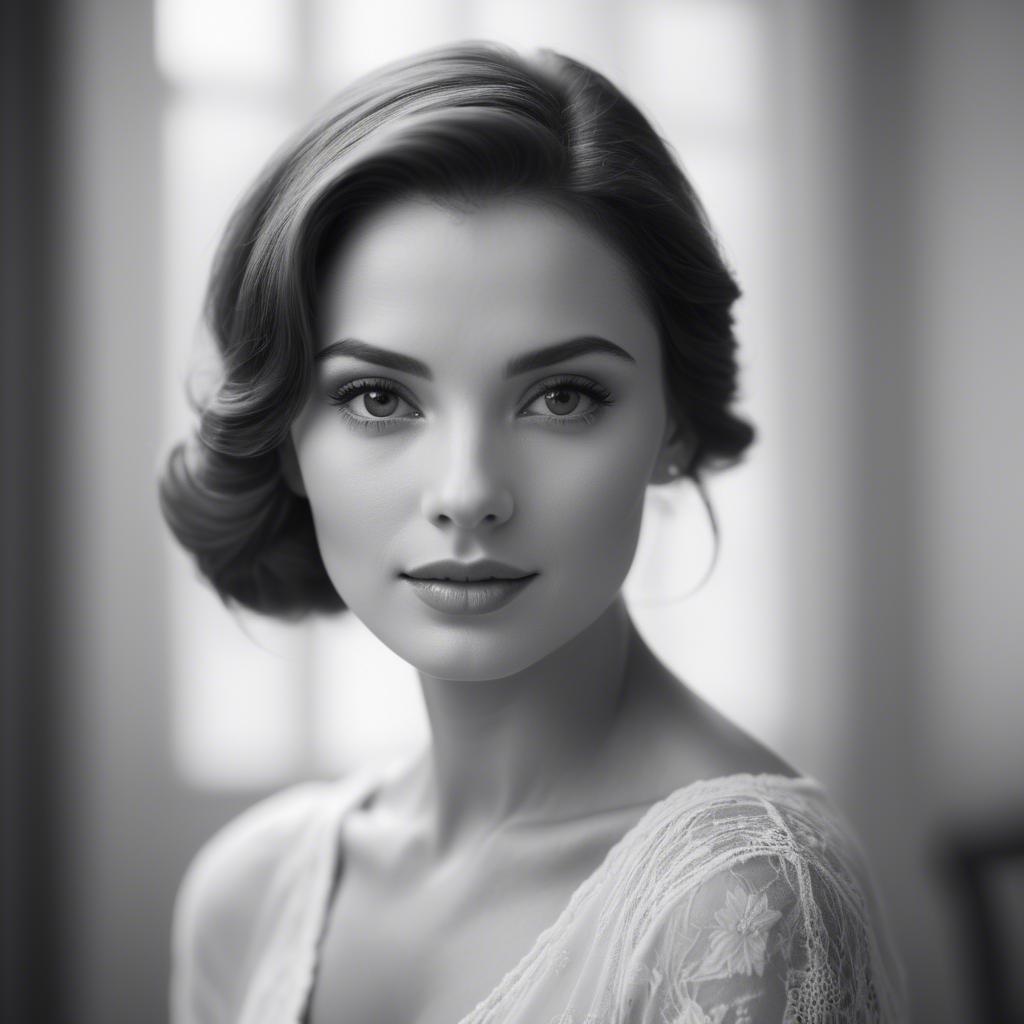A stunning image of classic beauty in a soft-focus black-and-white portrait.
