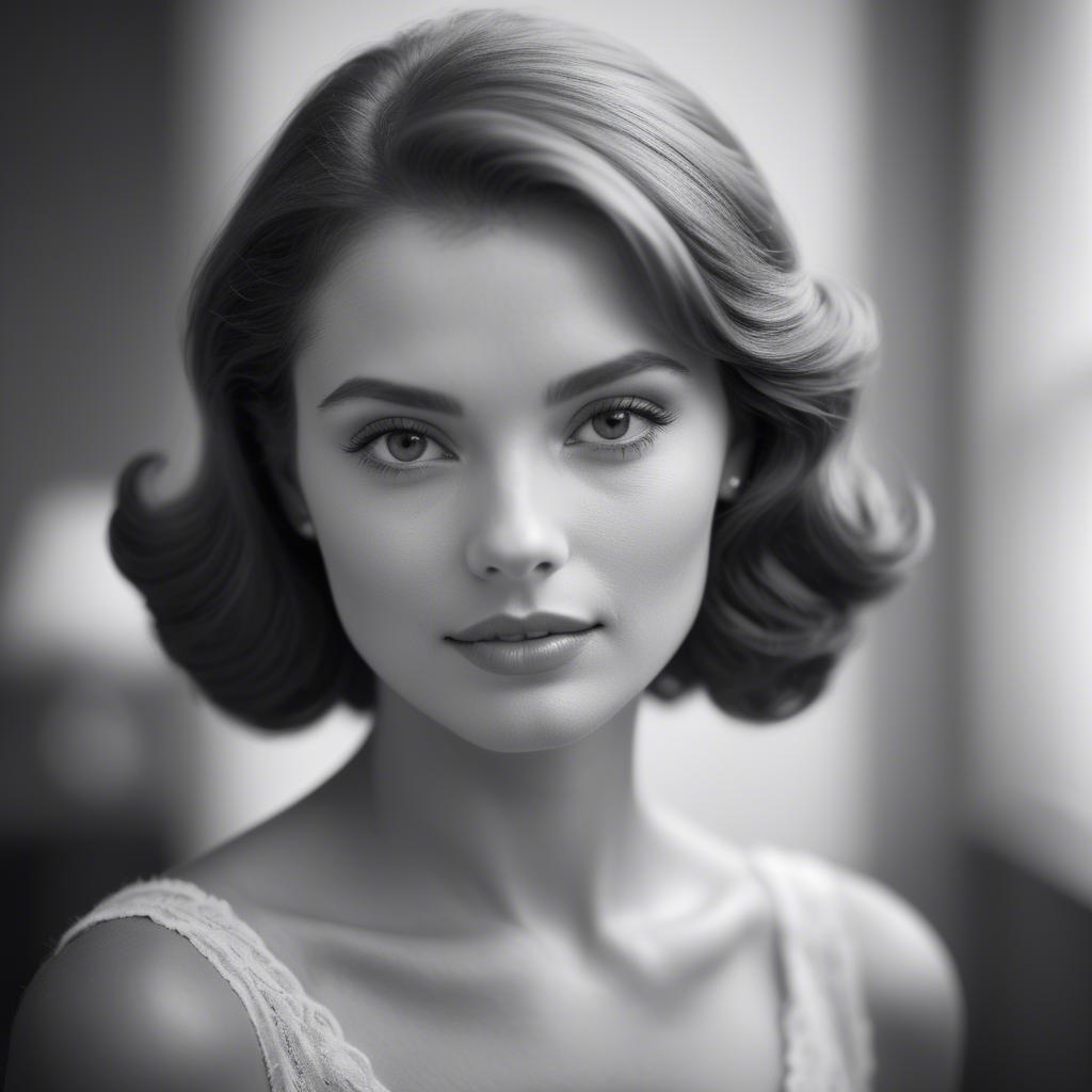 A stunning image of classic beauty in a soft-focus black-and-white portrait.