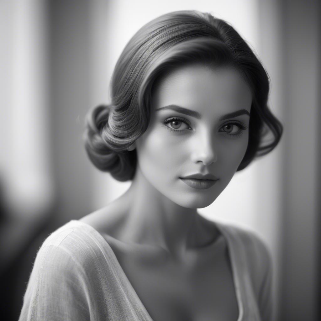 A stunning image of classic beauty in a soft-focus black-and-white portrait.