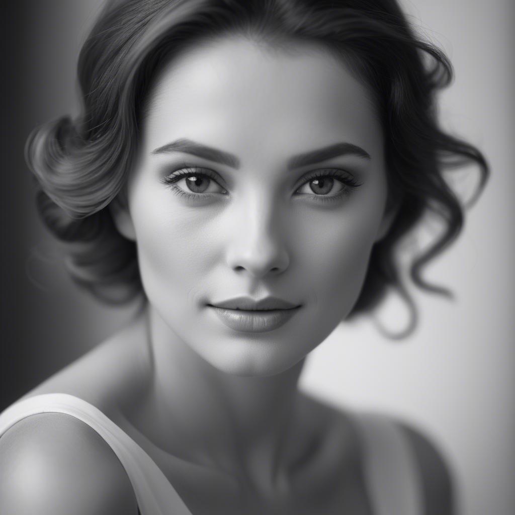 A stunning image of classic beauty in a soft-focus black-and-white portrait.