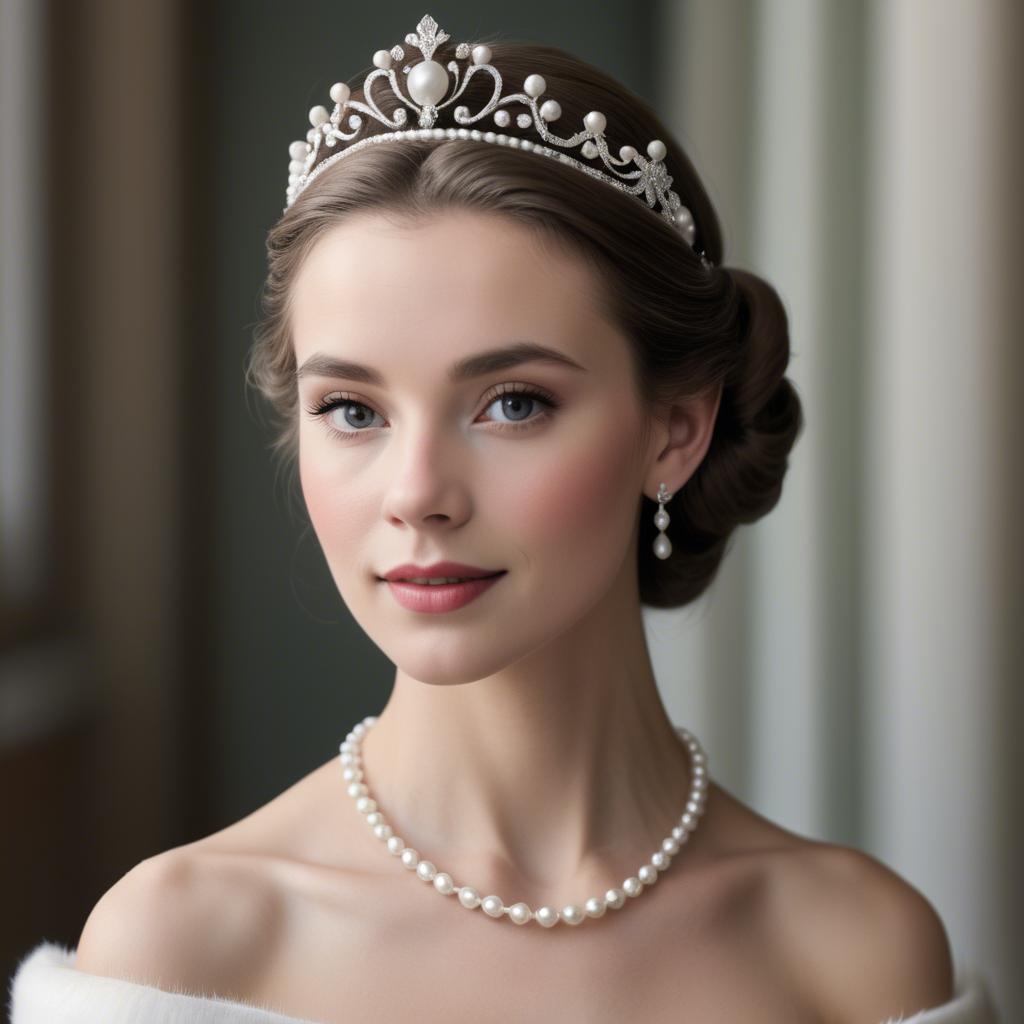 A stunning image of classic beauty with a pearl necklace and a tiara.