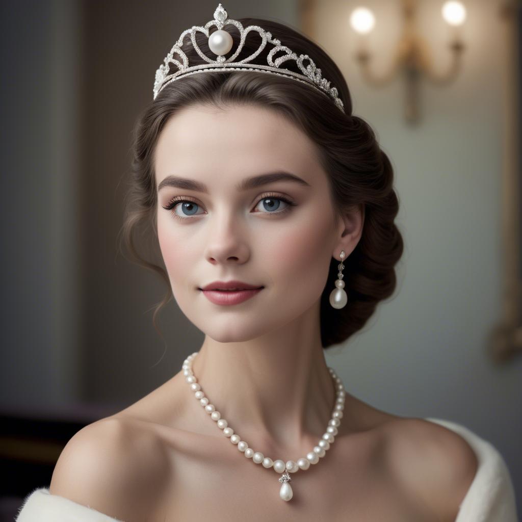 A stunning image of classic beauty with a pearl necklace and a tiara.