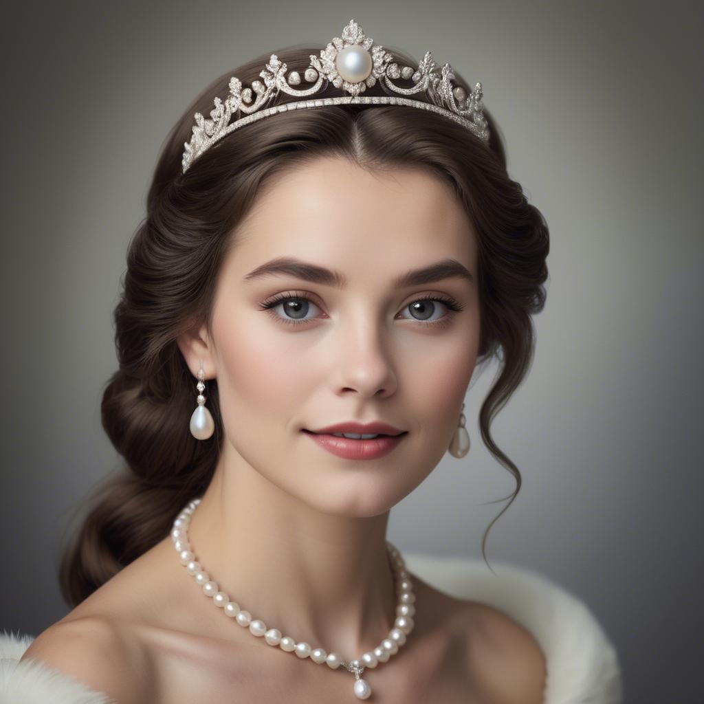 A stunning image of classic beauty with a pearl necklace and a tiara.